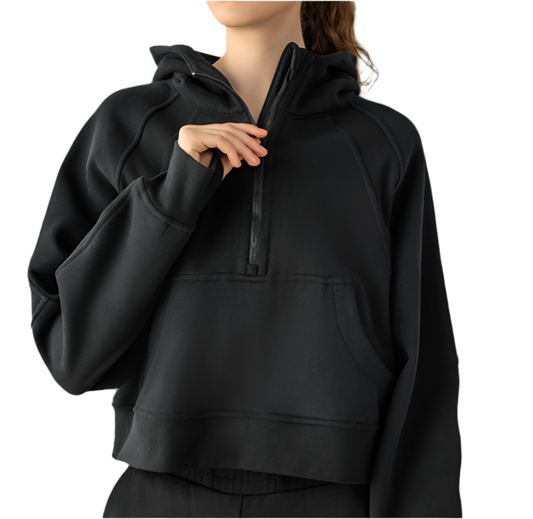 Half-Zip Fleece Hoodie - Black