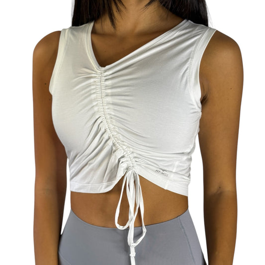 Asymmetrical Shirred Top - White