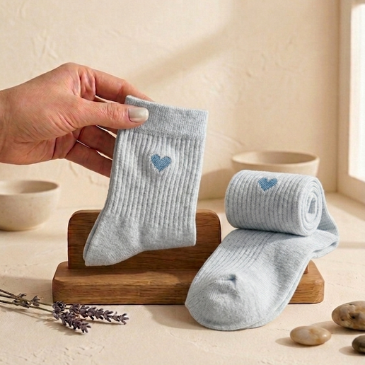 Gray baby socks with blue hearts held by a hand on a wooden stand.