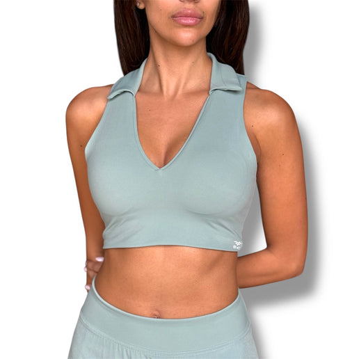 Open Back Polo Padded Crop Top - Smoke Green