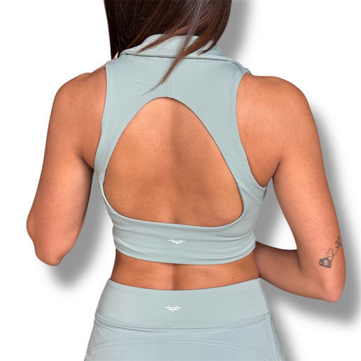 Open Back Polo Padded Crop Top - Smoke Green