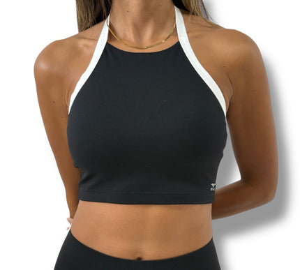 Contrast Trim Halter Crop Top - Black