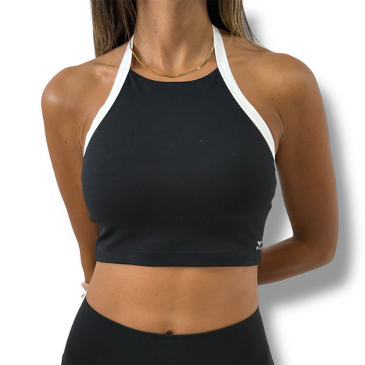Contrast Trim Halter Crop Top - Black