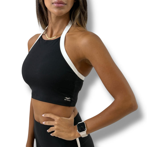 Contrast Trim Halter Crop Top - Black