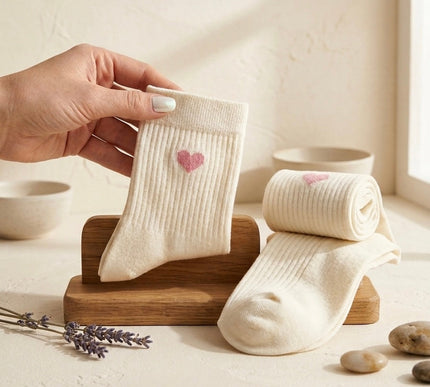 White baby socks with pink hearts held by a hand on a wooden stand.