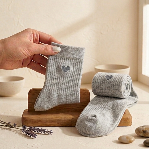 Gray baby socks with a heart design held by a hand on a wooden stand.