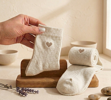 White baby socks with heart designs held by a hand on a wooden stand with a neutral background.