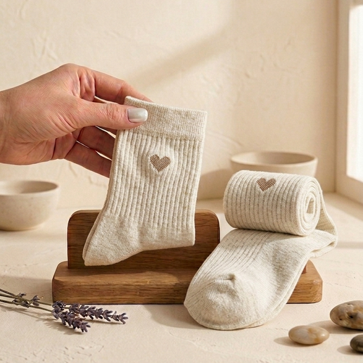 White baby socks with heart designs held by a hand on a wooden stand with a neutral background.