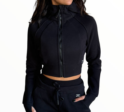 Cropped Fitted Fleece Jacket - Black