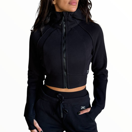 Cropped Fitted Fleece Jacket - Black