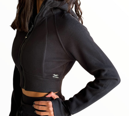 Cropped Fitted Fleece Jacket - Black