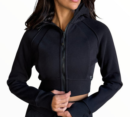 Cropped Fitted Fleece Jacket - Black